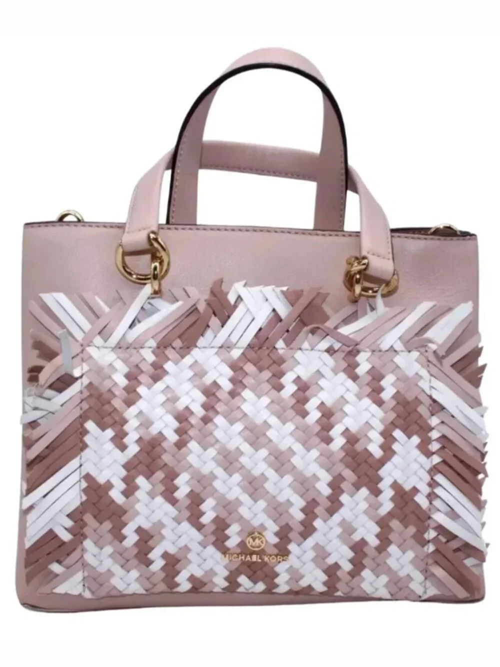 Michael Kors Blakely Bucket Satchel Bag Purse Woven Leather With Gold Trim